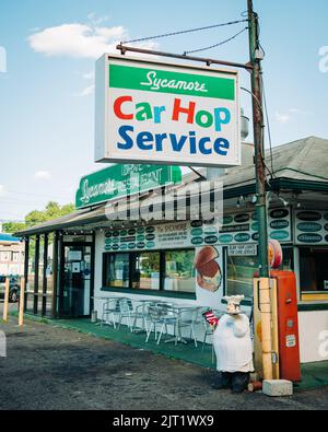 Sycamore Drive-in auto hop servizio vintage segno, Bethel, Connecticut Foto Stock