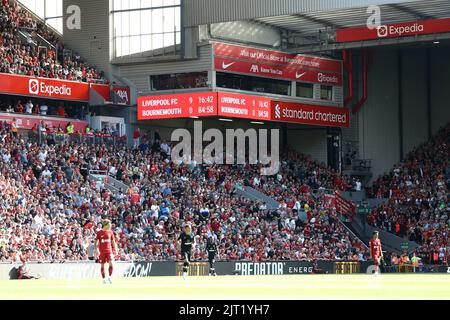 Liverpool, Regno Unito. 27th ago, 2022. Il tabellone che mostra Liverpool 9-0 Bournemouth. Incontro Premier League, Liverpool contro AFC Bournemouth a Anfield a Liverpool sabato 27th agosto 2022. Questa immagine può essere utilizzata solo per scopi editoriali. Solo per uso editoriale, licenza richiesta per uso commerciale. Nessun utilizzo nelle scommesse, nei giochi o nelle pubblicazioni di un singolo club/campionato/giocatore. pic di Chris Stading/Andrew Orchard SPORTS photography/Alamy Live news Credit: Andrew Orchard SPORTS photography/Alamy Live News Foto Stock