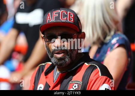 Liverpool, Regno Unito. 27th ago, 2022. Un fan di Bournemouth guarda su. Incontro Premier League, Liverpool contro AFC Bournemouth a Anfield a Liverpool sabato 27th agosto 2022. Questa immagine può essere utilizzata solo per scopi editoriali. Solo per uso editoriale, licenza richiesta per uso commerciale. Nessun utilizzo nelle scommesse, nei giochi o nelle pubblicazioni di un singolo club/campionato/giocatore. pic di Chris Stading/Andrew Orchard SPORTS photography/Alamy Live news Credit: Andrew Orchard SPORTS photography/Alamy Live News Foto Stock