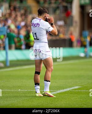 NORTHAMPTON, INGHILTERRA - 27 agosto : 2022 Tom Collins durante la partita tra Northampton Saints e Bedford Blues ai Franklin's Gardens il 27 2022 agosto a Northampton, Inghilterra. Credit: PATRICK ANTHONISZ/Alamy Live News Foto Stock