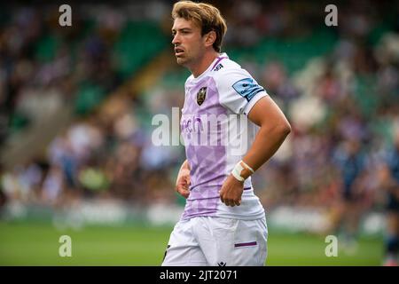 NORTHAMPTON, INGHILTERRA - 27 agosto : 2022 James Ramm è visto alla partita tra Northampton Saints e Bedford Blues ai Franklin's Gardens il 27 2022 agosto a Northampton, Inghilterra. Credit: PATRICK ANTHONISZ/Alamy Live News Foto Stock