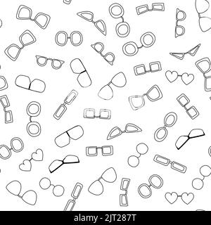 Motivo senza cuciture con occhiali da doodle. Disegno vettoriale di occhiali con contorno nero, occhiali da sole lineari per cartapperare, disegno, stampa Illustrazione Vettoriale