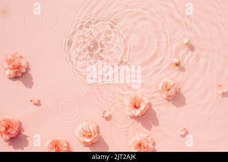 Rosa rose, gocce e onde sulla superficie dell'acqua. Acqua sfondo astratto. Concetto di sfondo per la pubblicità di cosmetici, profumi e spa Foto Stock