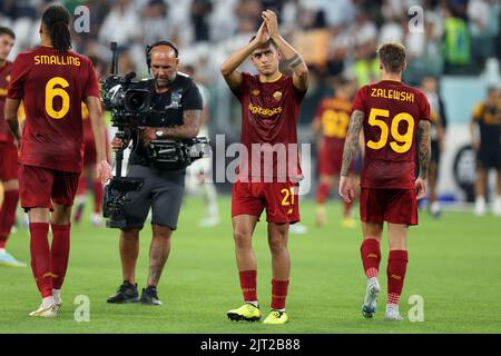 Paulo Dybala di AS Roma festeggia dopo aver vinto la Serie A match tra Juventus FC e AS Roma allo Stadio Allianz il 27 agosto 2022 a Torino. Foto Stock