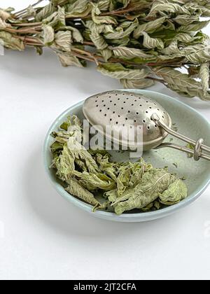 Foglie di menta secca in ciotola di ceramica verde su fondo bianco. Erbe per salute. Spazio di copia. Foto Stock