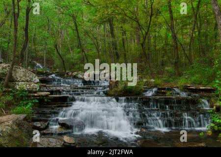 Lunga esposizione di una cascata sul Collins Creek Trail a Heber Springs, Arkansas Foto Stock