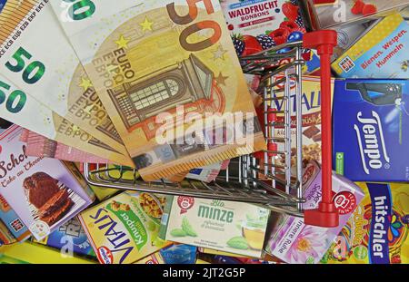 Viersen, tedesco - Luglio 9. 2022: Vista dall'alto sul modello del carrello con molte banconote in contanti sui prodotti con marchio a pila Foto Stock