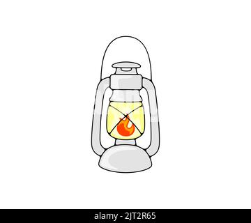 Lampada kerosene, vecchia lanterna ad olio e lampada ad olio, logo design. Lampada a lanterna a olio di kerosene a fuoco con luce a incandescenza, illuminazione, disegno vettoriale Illustrazione Vettoriale