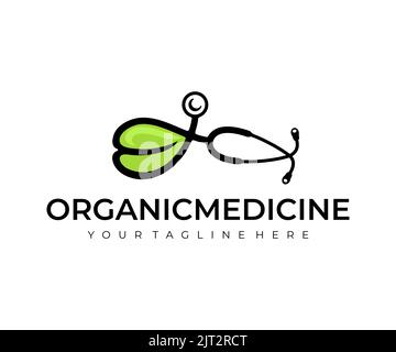 Medicina, medico, biologico, stetoscopio e foglia, logo design. Cardiologia, piante, etnoscienze, malattie e trattamenti, disegno vettoriale e illustrazione Illustrazione Vettoriale