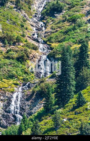 Una splendida foto verticale delle cascate di Tokopah nel Parco Nazionale di Sequoia con vivaci alberi verdi e cespugli intorno ad esso Foto Stock