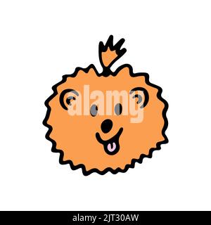 Divertente cucciolo fumetto carattere doodle. Carino cane della linea di razza pomeranian spitz. Bello animale domestico felice isolato su sfondo bianco. Vettore lancato illu Illustrazione Vettoriale