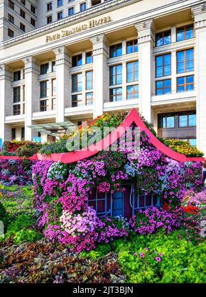 Fiori vicino al Four Seasons Hotel in Piazza Manege, Mosca, Russia. Scenario di belle decorazioni floreali nel centro di Mosca in su Foto Stock