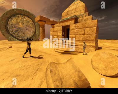 Un'antica donna egiziana che guarda un dio alieno e un robot da porta spaziale - rendering 3D Foto Stock