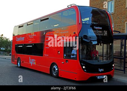 Coastliner, autobus rosso, lynx, trasporti pubblici, North Norfolk Coast, Hunstanton, Norfolk, Inghilterra Foto Stock