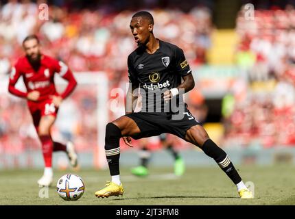 Liverpool, Regno Unito. 27th ago, 2022. Jaidon Anthony di Bournemouth durante la partita della Premier League tra Liverpool e Bournemouth ad Anfield il 27th 2022 agosto a Liverpool, Inghilterra. (Foto di Daniel Chesterton/phcimages.com) Credit: PHC Images/Alamy Live News Foto Stock