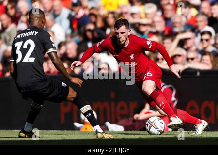 Liverpool, Regno Unito. 27th ago, 2022. Andrew Robertson di Liverpool durante la partita della Premier League tra Liverpool e Bournemouth ad Anfield il 27th 2022 agosto a Liverpool, Inghilterra. (Foto di Daniel Chesterton/phcimages.com) Credit: PHC Images/Alamy Live News Foto Stock