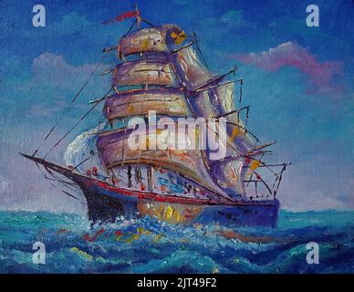 pittura a olio d'arte barca a vela , barque in mare dalla thailandia Foto Stock