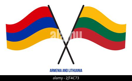 Armenia e Lituania Bandiere incrociate e ondeggianti stile piatto. Proporzione ufficiale. Colori corretti. Foto Stock