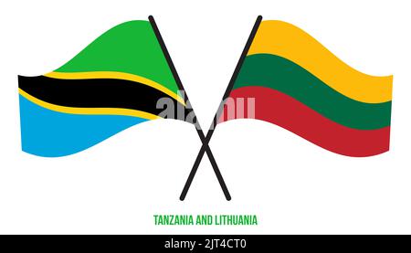 Tanzania e Lituania Bandiere incrociate e ondeggianti stile piatto. Proporzione ufficiale. Colori corretti. Foto Stock