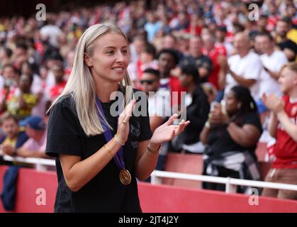 Londra, Regno Unito. 27th ago, 2022. Leah Williamson (Lionesse dell'Arsenale e dell'Inghilterra) alla partita dell'EPL Arsenal contro Fulham, presso l'Emirates Stadium, Londra, Regno Unito il 27 agosto 2022. Credit: Paul Marriott/Alamy Live News Foto Stock