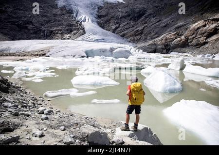 Ragazzo escursionista che guarda il ghiacciaio schlatenkees, il lago e la morena del ghiacciaio nel gruppo montuoso di Venediger, Tirolo orientale, Austria Foto Stock