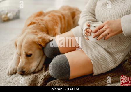 Ragazza con cacao e cane Golden Retriever Foto Stock