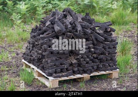 Pile di combustibile fossile di erba sintetica che asciugano in una torbiera irlandese. Foto Stock