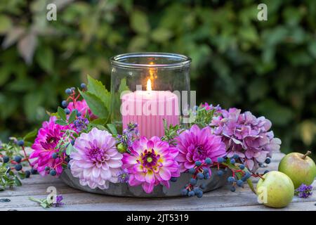 sistemazione romantica con dahlias rosa e viola e candela in giardino Foto Stock