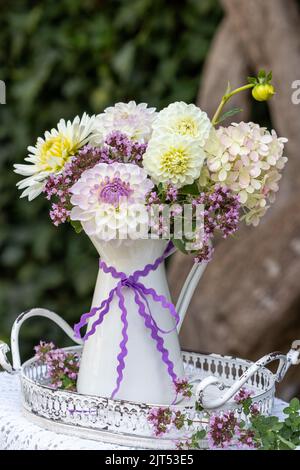 bouquet di dahlias bianche e viola, fiori di idrangea e timo selvatico in caraffa d'epoca Foto Stock