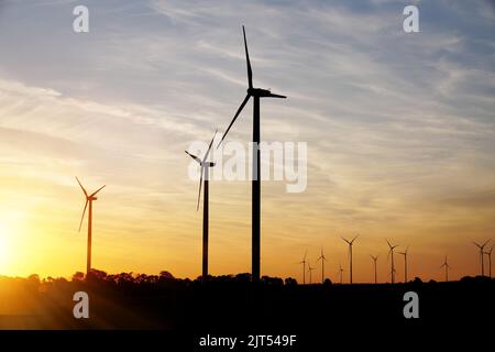 Bel tramonto sopra i mulini a vento sul campo Foto Stock