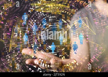 Un 3D ha reso la rete globale che si sta sovrapponendo in mano all'uomo Foto Stock