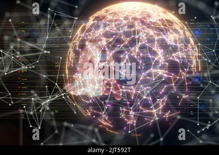 Una mappa del mondo resa 3D che si trova nella mano di mans Foto Stock
