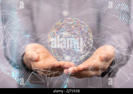 Una mappa del mondo resa 3D che si trova nella mano di mans Foto Stock