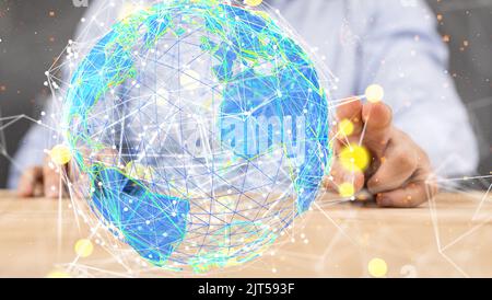 Una mappa del mondo resa 3D che si trova nella mano di mans Foto Stock