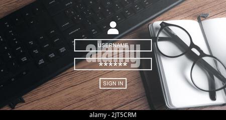 Accesso sicuro alle informazioni personali dell'utente. Accedi con nome utente e password. Sicurezza informatica e protezione dei dati. Foto Stock