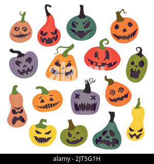 Halloween celebrazione relativa jack o lanterne, zucche intagliate con espressioni facciali diverse. Collezione di cartoni animati disegnati a mano e vettoriali Illustrazione Vettoriale