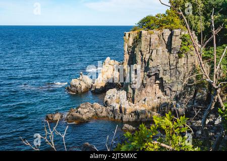 Vista sulle scogliere della costa settentrionale dell'isola di Bornholm - Helligdomsklipperne (rocce del Santuario), Danimarca Foto Stock