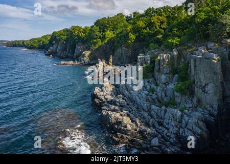 Vista aerea sulle scogliere a picco della costa settentrionale dell'isola di Bornholm - Helligdomsklipperne (rocce del Santuario), Danimarca Foto Stock