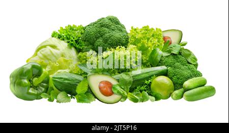 Vari ortaggi verdi isolati su sfondo bianco Foto Stock