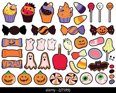Halloween celebrazione caramelle correlate, dessert e dolci. Collezione di illustrazioni vettoriali disegnate a mano. Illustrazione Vettoriale