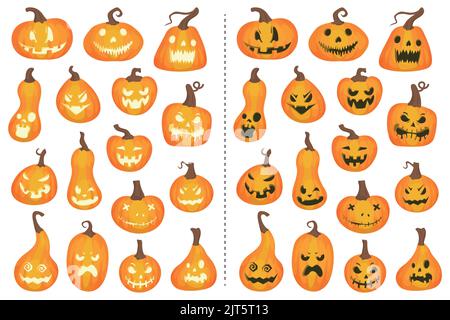 Halloween celebrazione relativa jack o lanterne, zucche intagliate con espressioni facciali diverse. Collezione di cartoni animati disegnati a mano e vettoriali Illustrazione Vettoriale