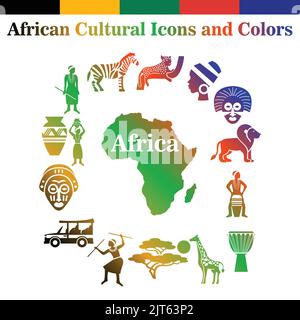 Icone e colori della cultura africana - icone vettoriali dell'Africa - Africa Mappa - Africa Cultura tribale Arte vettoriale Illustrazione Vettoriale