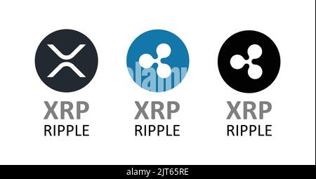 Icona di criptovaluta ripple XRP isolata in bianco con didascalie. Le illustrazioni sono in stile moderno e vecchio. Illustrazione Vettoriale