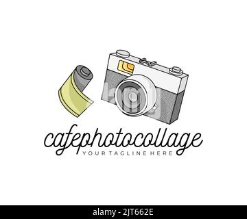 Fotocamera retrò, pellicola, logo design. Fotografia, fotografia e studio fotografico, disegno vettoriale e illustrazione Illustrazione Vettoriale