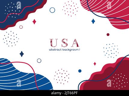 USA Memphis Abstract sfondo. Tavolozza dei colori della bandiera americana. Festività nazionali, patriota, lavoro, memoriale, 4th luglio. Minimal, moderno, curvo, stile ondulato. Post sui social media, intestazione del sito Web, scheda Illustrazione Vettoriale