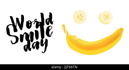 Illustrazione del giorno del sorriso del mondo con faccia astratta del sorriso della banana gialla Illustrazione Vettoriale