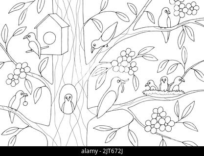 Divertente uccelli seduti su albero birdhouse grafica nero bianco schizzo vettore di illustrazione Illustrazione Vettoriale