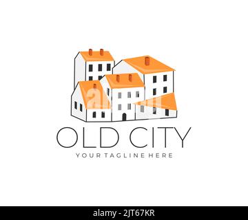 Città vecchia, casa, casa e costruzione, logo design. Architettura, storia, città, costruzione, disegno vettoriale e illustrazione Illustrazione Vettoriale