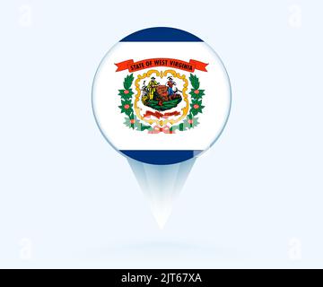 Puntatore mappa con bandiera della West Virginia. Segno di flag vettoriale su sfondo blu. Illustrazione Vettoriale