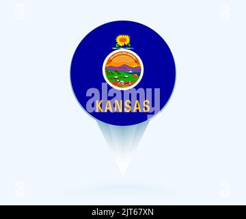 Puntatore mappa con bandiera del Kansas. Segno di flag vettoriale su sfondo blu. Illustrazione Vettoriale